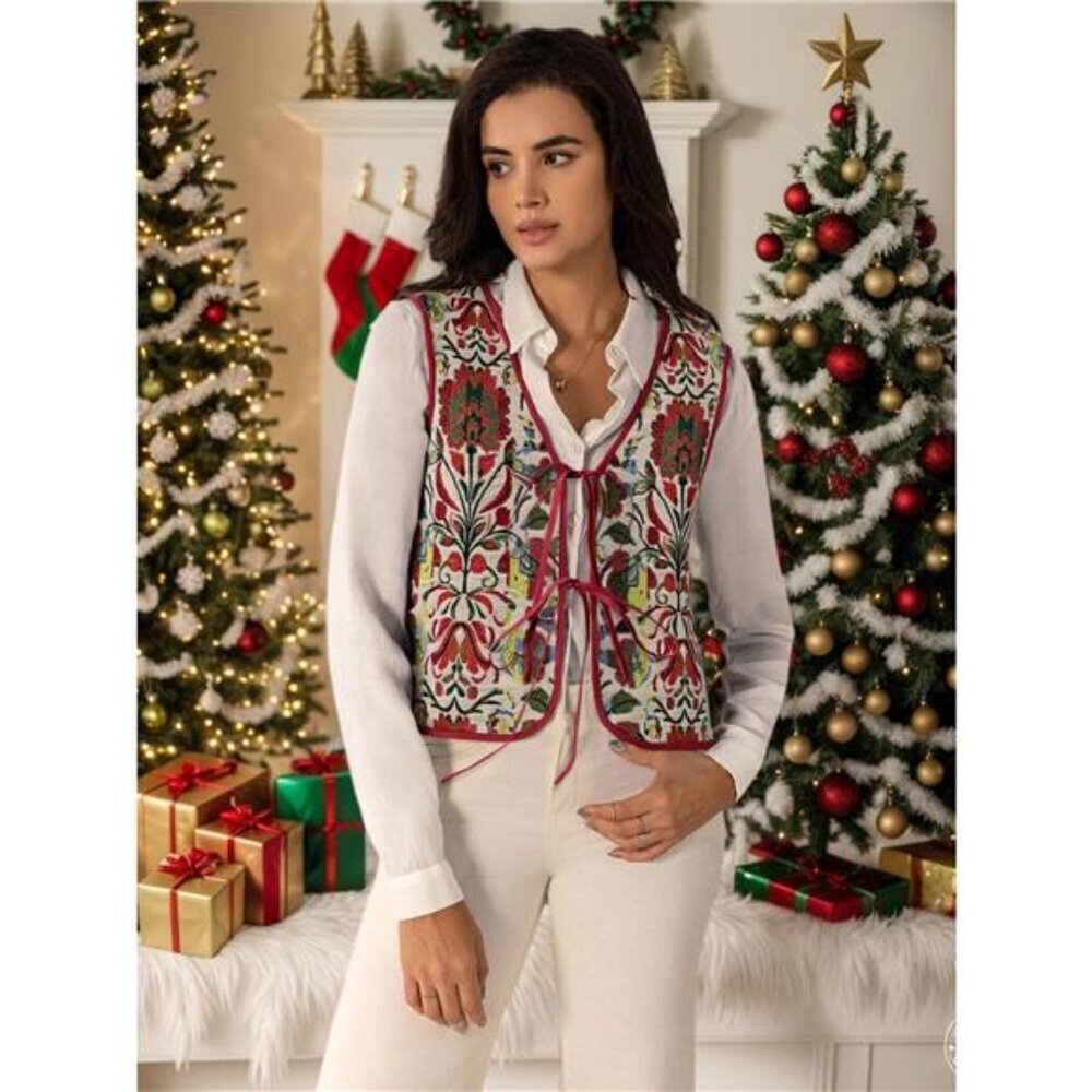 Floral Embroidered Tie-Front Vest Coat